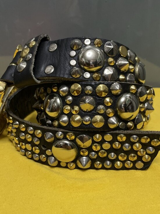 Michael Morrison Small Black Leather Gold & Silver Buckle Studded Statement Belt - Picture 3 of 11